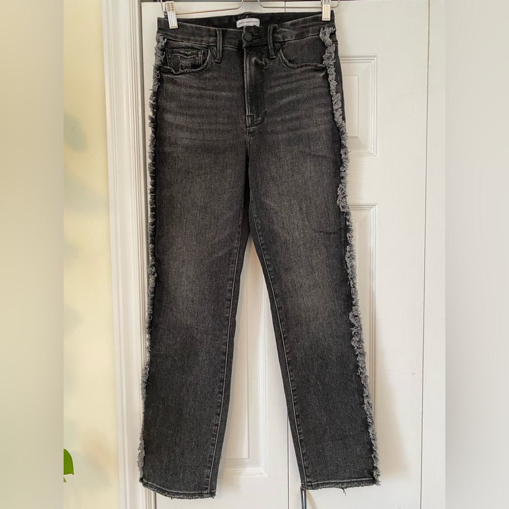 Good American Charcoal Wash Straight Leg Distressed Frayed Outseam Size 6 / 28